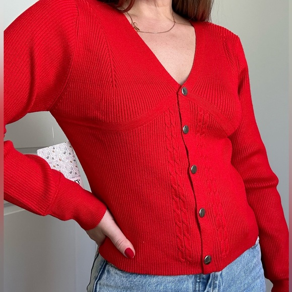 V-neck Ribbed Long Sleeve Snap Front Cardigan - Picture 6 of 9